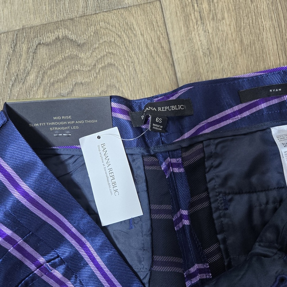 NWT Banana Republic‎ Ryan Navy Blue Purple Striped Satin Trouser Pants Size 6S - Picture 2 of 8